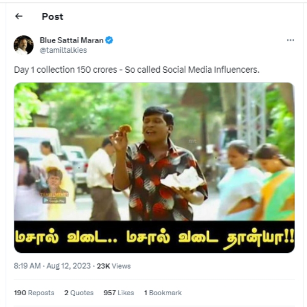  Jailer Box Office: Blue Sattai Maran Trolls About Jailer Box Office Collection