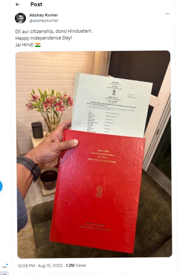 Akshay Kumar unveils his Indian Citizenship after severan Canadian Kumar troll