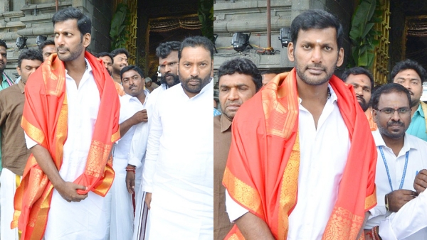 Actor Vishal visits to Tirupathi temple for Mark Antony release Actor Vishal visits to Tirupathi temple for Mark Antony release