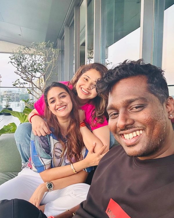 Actress Keerthi Suresh enjoys Jawan movie success with Atlee and his wife priya Atlee Actress Keerthi Suresh enjoys Jawan movie success with Atlee and his wife priya Atlee