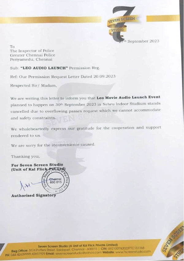  Leo: Leo team apology letter to the Police Station for the Audio Launch cancelled