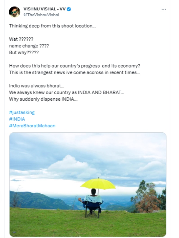 Vishnu Vishal tweet asks, how does this Bharat name change help Indias progress and its economy? 