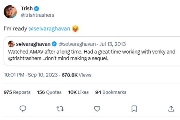 Actress Trisha replies to Selvaraghavan tweet after 10 years