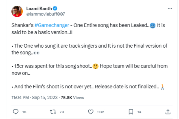  Game Changer: Shankars Game Changer film song has been Leaked 
