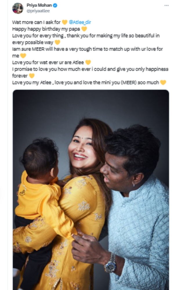 Priya atlee wishes his husband and director Atlee on his birthday Priya atlee wishes his husband and director Atlee on his birthday