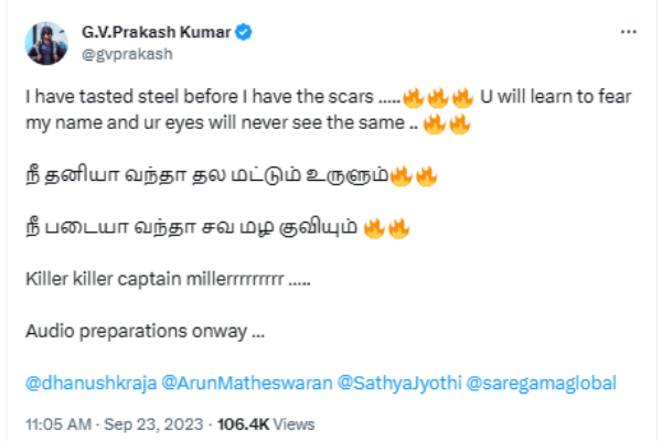  Captain Miller: GV Prakash has given an update on Captain Miller first single 