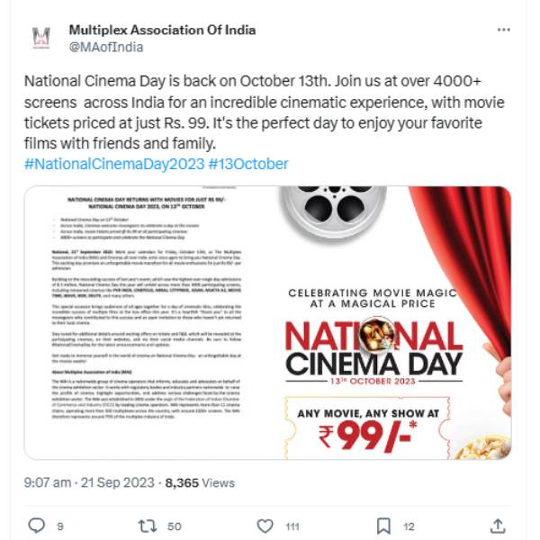 National Cinema day is back, and movie lovers will be able to grab tickets for just Rs 99 on October 13 National Cinema day is back, and movie lovers will be able to grab tickets for just Rs 99 on October 13