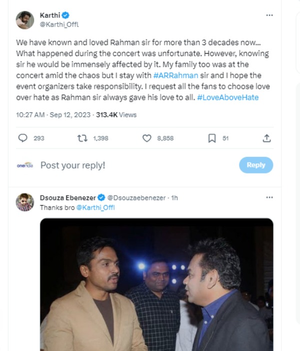 Actor Karthi supports Music director AR Rahman on his music concert issue