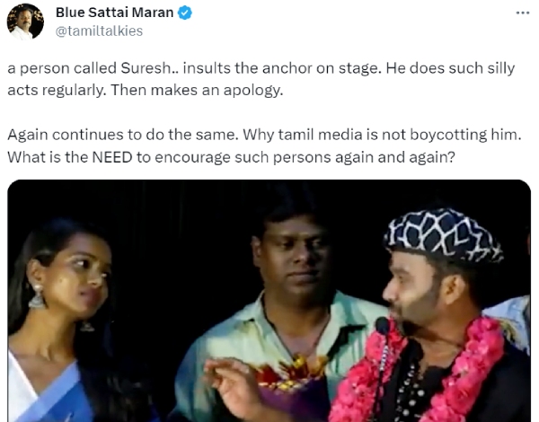  Blue Sattai Maran criticized Cool Suresh for being rude to a female host
