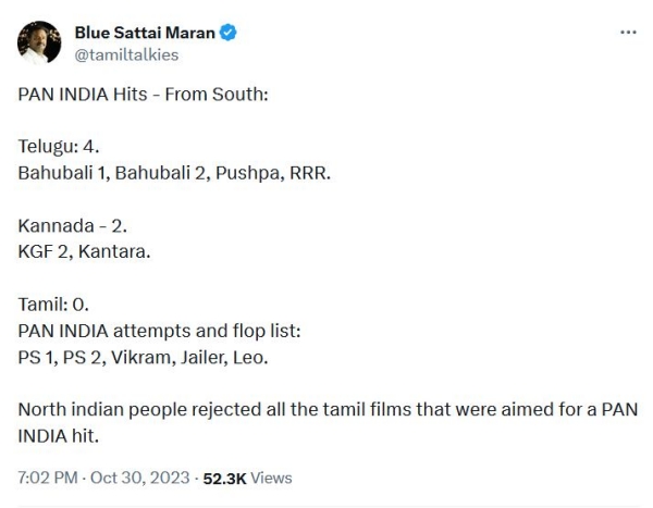 Blue Sattai Maran trolls Tamil Cinema failed to give a Pan Indian Hit