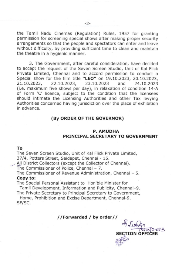 Tamil Nadu Government gives permission for Leo special shows 