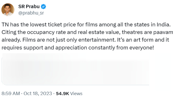 Blue Sattai Maran slams SR Prabhu wants to flexi ticket rate for Leo like big movies