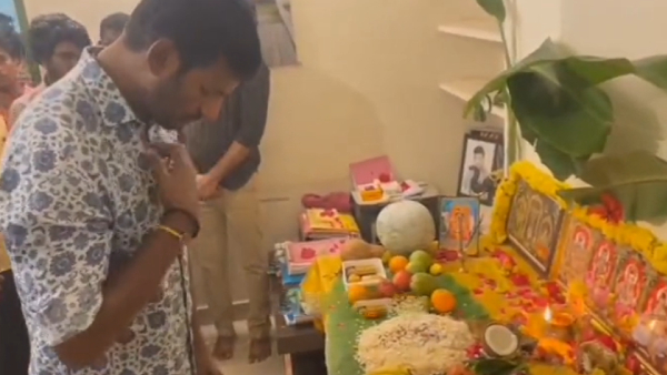 A video of actor Vishal bowing to the trinity of Gods during Ayudha Pooja 
