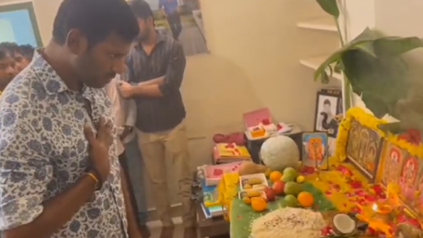 A video of actor Vishal bowing to the trinity of Gods during Ayudha Pooja 
