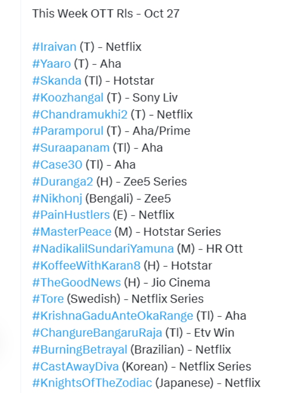  This Week OTT Release Oct 27: Iraivan, Chandramukhi 2, and Paramporul are to be released in OTT this week