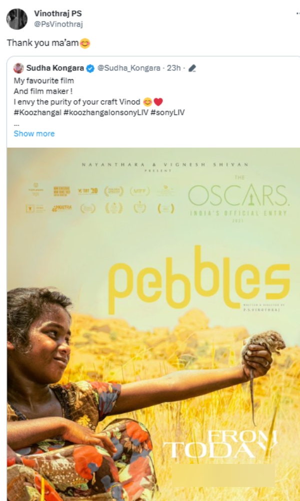 Dirctor Sudha kongara hails Koozhangal movie and the director of the film