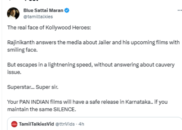 Blue Sattai Maran trolls Sathyaraj for not opening mouth on Cauvery issue