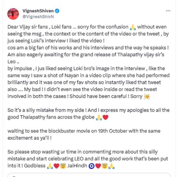 Vignesh Shivan express open apologies to all the good Thalapathy fans for his mistake