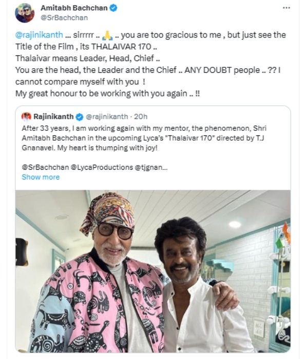 ”You are the head, the Leader and the Chief” Amitabh Bachchan praises Rajinikanth