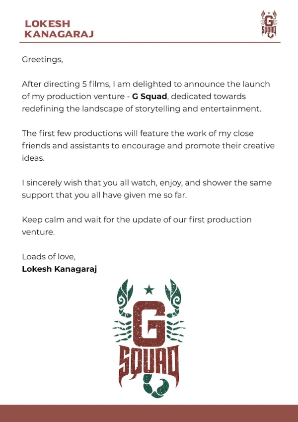 filmmaker Lokesh Kanagaraj announced his production venture G Squad