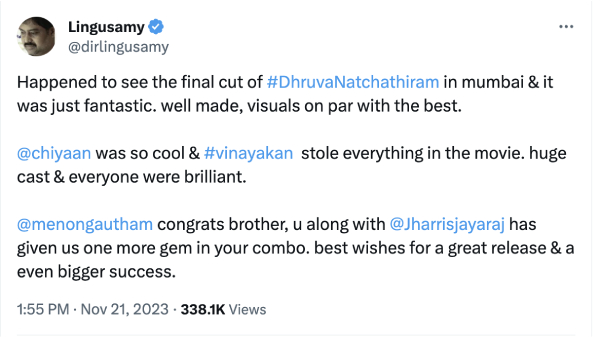 Actor Vikrams Dhruva natchathiram movie gets positive reviews from Lingusamy & Harris jayaraj