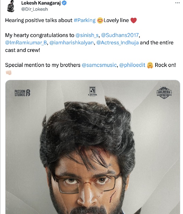 Director Lokesh kanagaraj hails & wishes Harish kalyans Parking movie