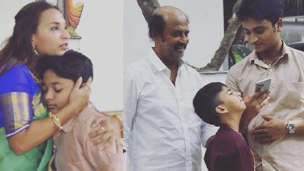 Super star rajinikanth celebrates diwali with his grandsons yantra and linga