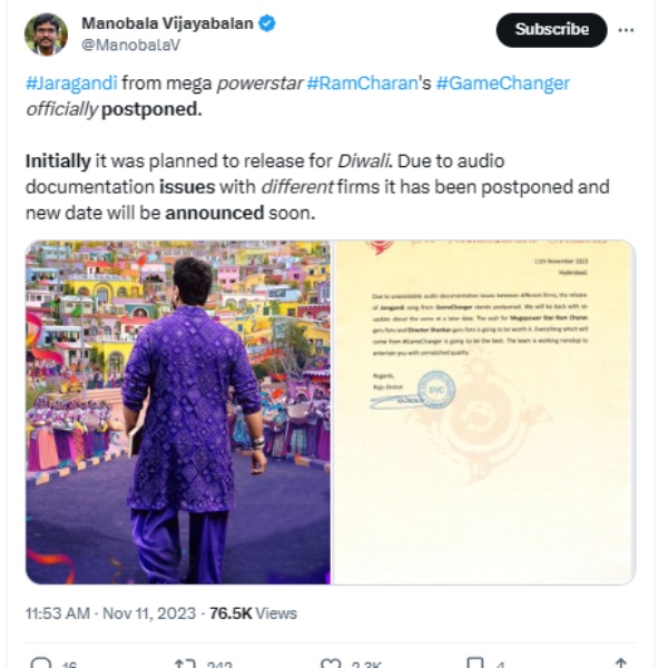  Game Changer: Shankars Game Changer first single Jaragandi officially postponed 