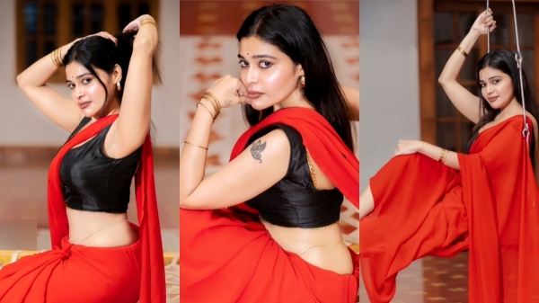 actress dharsha gupta red saree photoshoot trending on social media