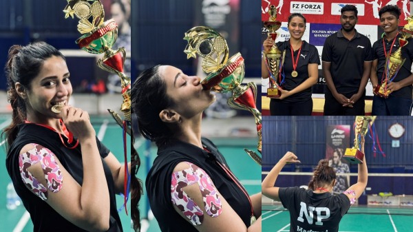 Nivetha Pethuraj won shield and trophy at Badminton game photos trending