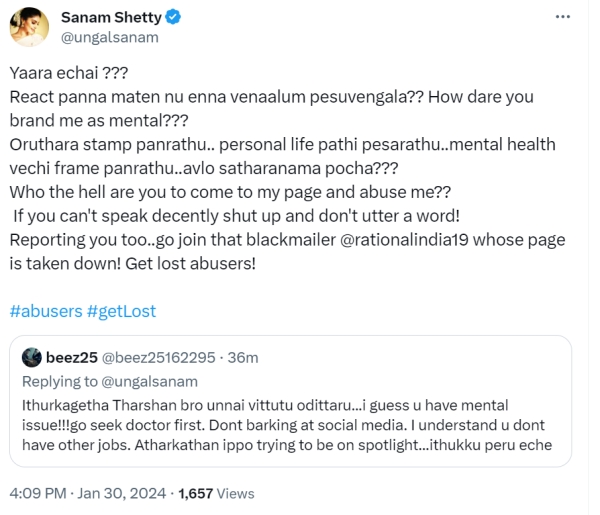 Sanam Shetty got angry over on a Bigg Boss fan very worst comment