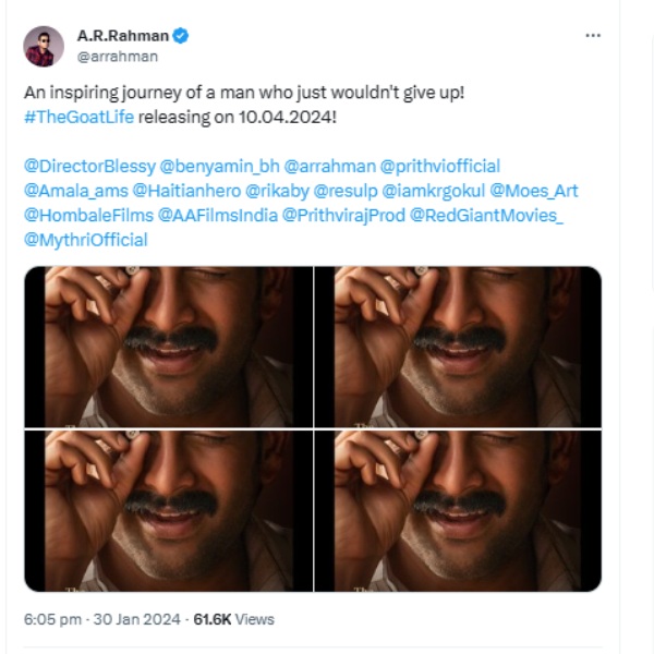 Actor Prithvirajs The Goat life movie release date announced by Music director AR Rahman Actor Prithvirajs The Goat life movie release date announced by Music director AR Rahman