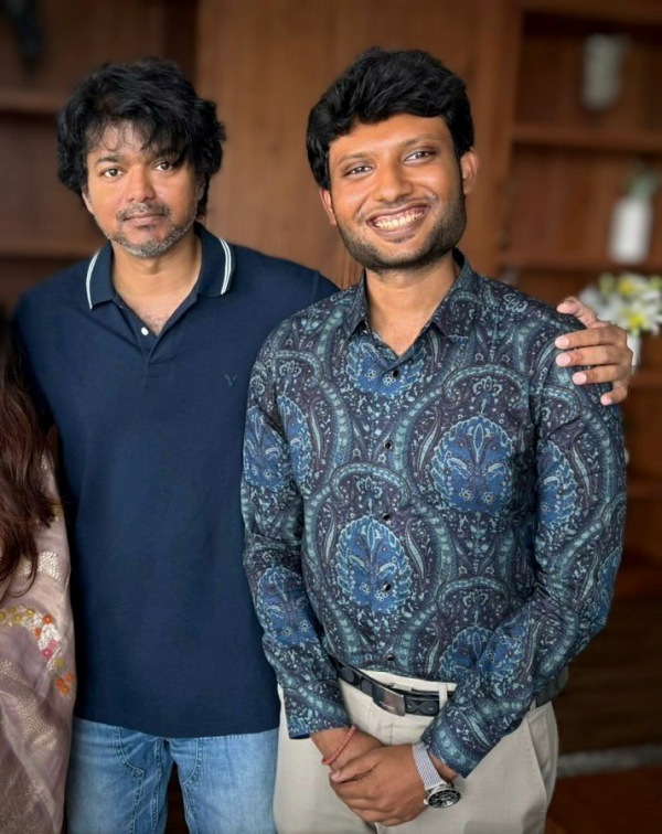 Vijay meets and greets Rohini Theater Owner son Rhevanth Charan after wedding