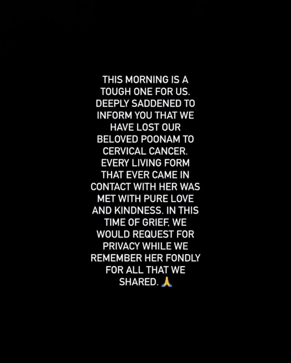 Poonam Pandey death announcement shared in her instagram page shocks fans