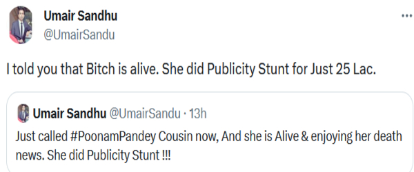 Umair Sandhu slams Poonam Pandey done cheap fake death publicity stunt for 25 lakhs rupees Umair Sandhu slams Poonam Pandey done cheap fake death publicity stunt for 25 lakhs rupees