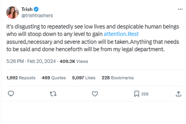 Trisha reacts and tweets Its disgusting to repeatedly see low lives and despicable human beings Trisha reacts and tweets Its disgusting to repeatedly see low lives and despicable human beings