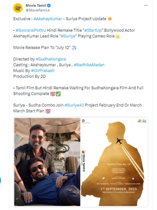 Suriyas Soorarai Pottru Hindi remake movie titled Start Up movie release update is here