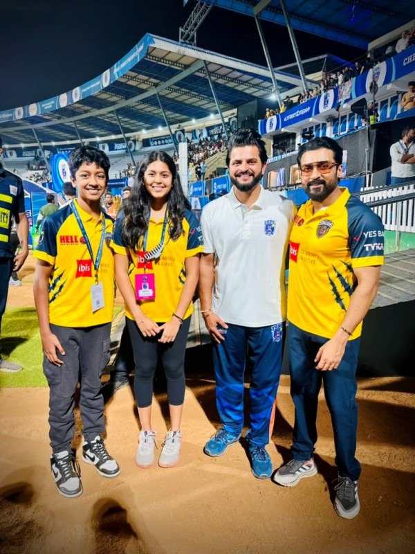 Suriya daugther Diya and son Dev meets Raina at ISPL opening ceremony