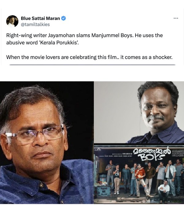 Blue Sattai Maran trolls Jeyamohan with right wing writer after Manjummel Boys controversy