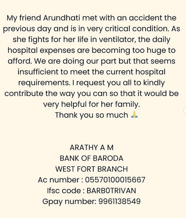 vijay antony s shaitan movie actress Arundhati Nair serious injuries after road accident