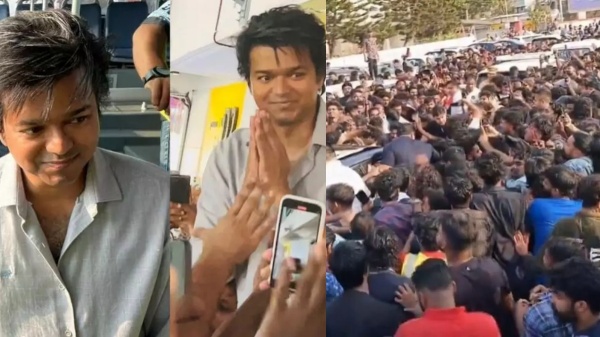 Actor Vijay takes a photo with disabled fan at kerala