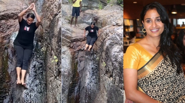 Anu Haasan slides at waterfalls video stuns fans