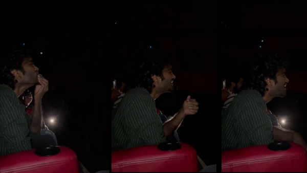 Actor Pradeep ranganathan enjoys Vijay s Ghilli movie FDFS in theatre