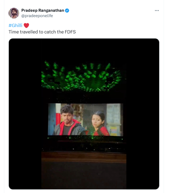 Actor Pradeep ranganathan enjoys Vijay s Ghilli movie FDFS in theatre