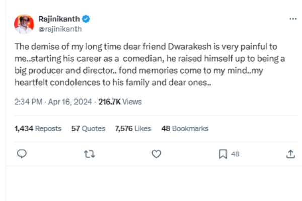 Rajinikanth s Naan Adimaiyillai director and close friend Dwarakish passes away Rajinikanth s Naan Adimaiyillai director and close friend Dwarakish passes away