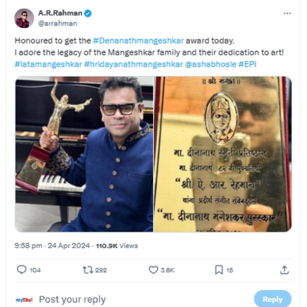 AR Rahman receives Deenanath Mangeshkar award and soon he will collaborate with Taylor Swift
