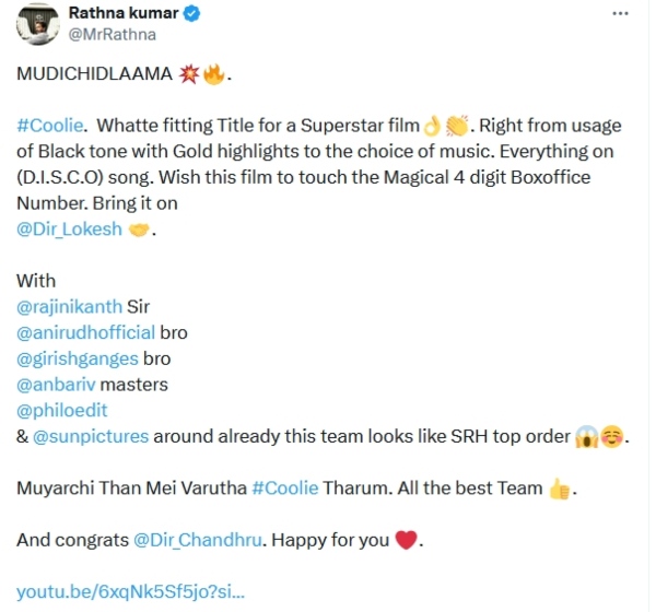 Rathnakumar tweeted Rajinikanth s Coolie will collect 1000 crores but Superstar fans trolled him
