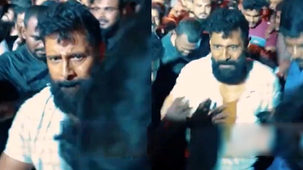Fans surround actor Vikram on the set of Veera Dheera Sooran movie