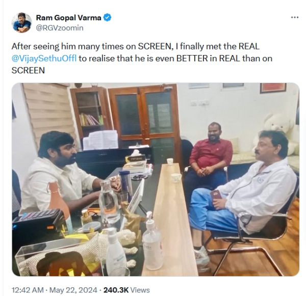 Ram Gopal Varma visits Vijay Sethupathi office and says he is even better in real than on screen Ram Gopal Varma visits Vijay Sethupathi office and says he is even better in real than on screen