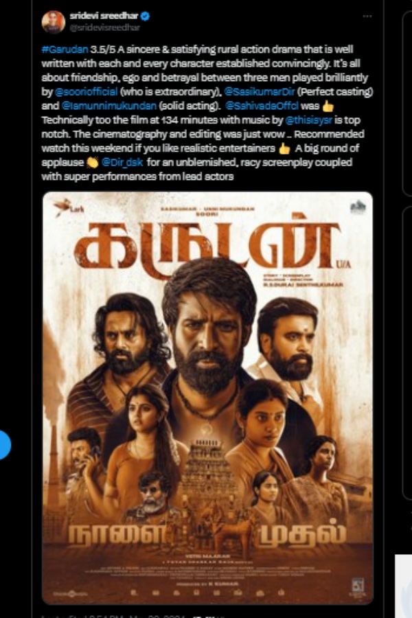 Review  Soori  Garudan  Yuvan Shankar Raja  Sasikumar  Unni Mukundan